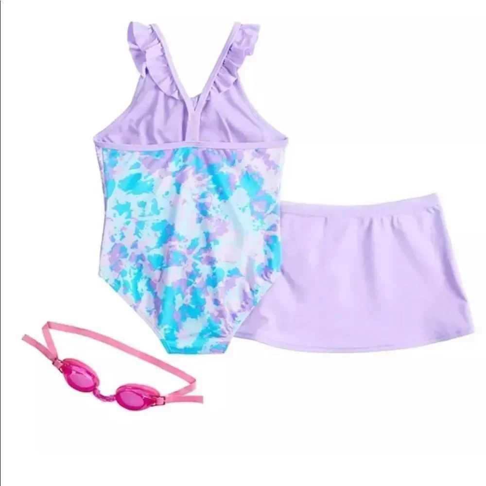 ZEROXPOSUR Girl’s Print One-Piece & Cover-Up Skirt Swimsuit with Goggles